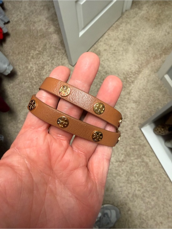 Tory Burch Jewelry - Tan Tory Burch Leather Double-Wrap Bracelet with Gold Logo Studs